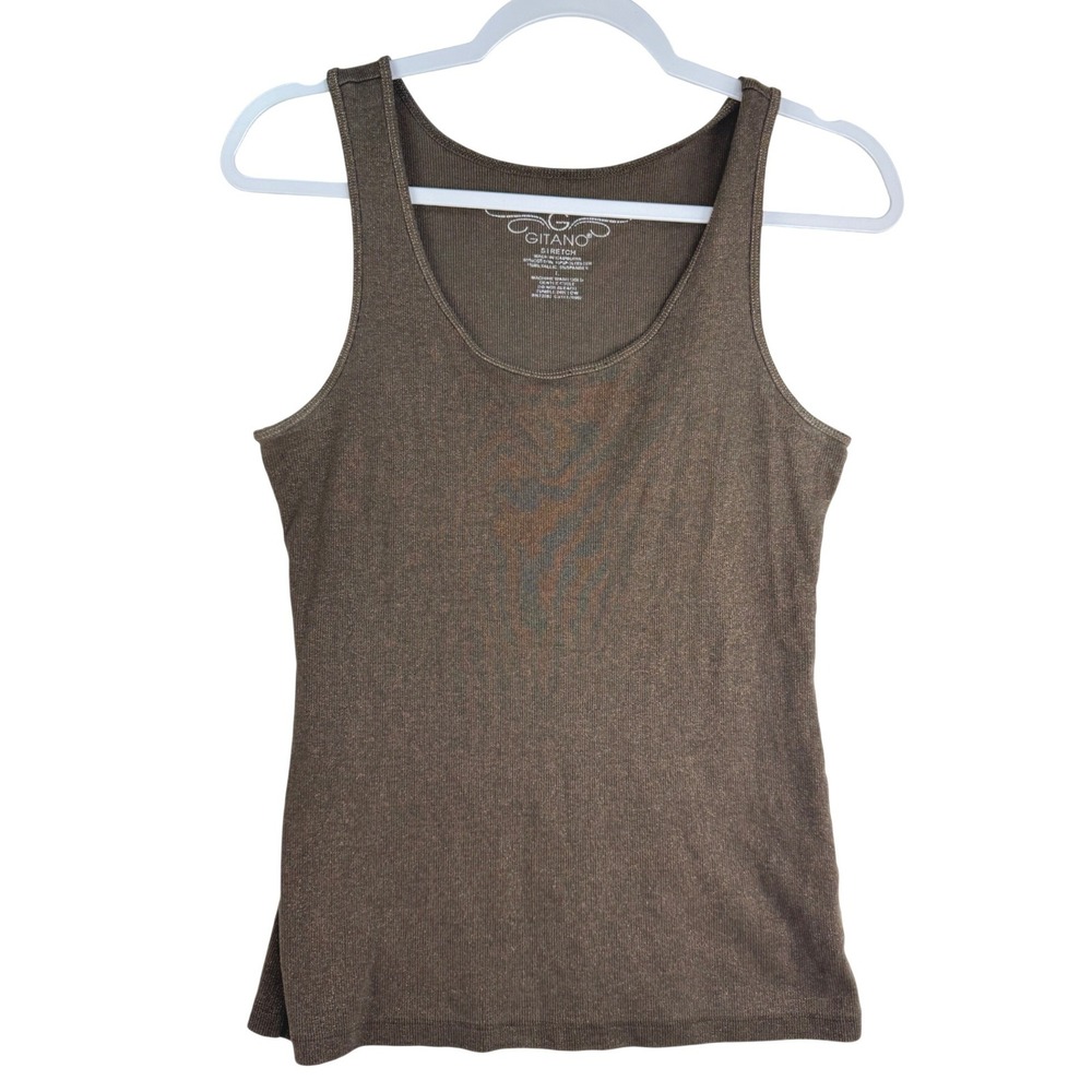Gitano Brown Metallic Ribbed Tank Top Sleeveless Scoop Neck Stretch Large